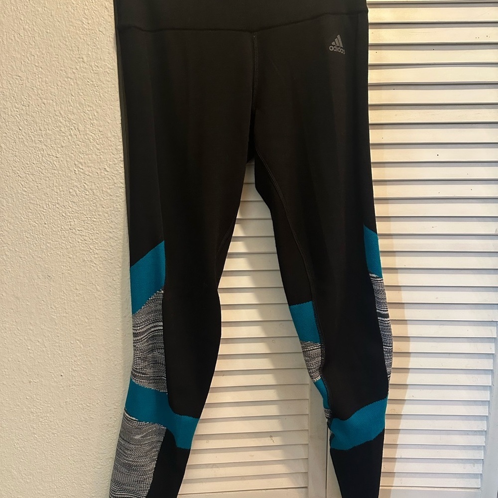 Adidas Black Leggings with Blue and Gray Accents